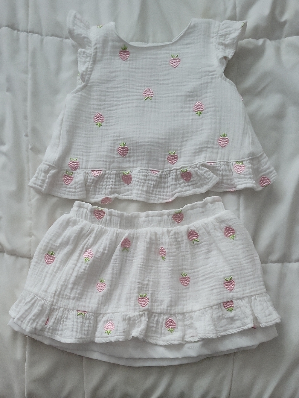 White Baby Two-Piece Set with Pink Strawberry Embroidery